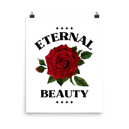 Poster with a red rose and 'Eternal Beauty' text on a white background