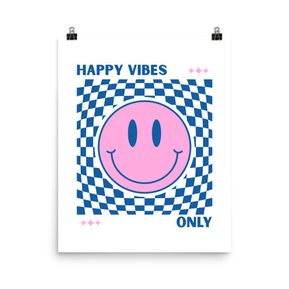 Poster with a pink smiley face and blue checkered border, featuring the text 'Happy Vibes Only' on a white background.