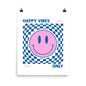 Poster with a pink smiley face and blue checkered border, featuring the text 'Happy Vibes Only' on a white background.