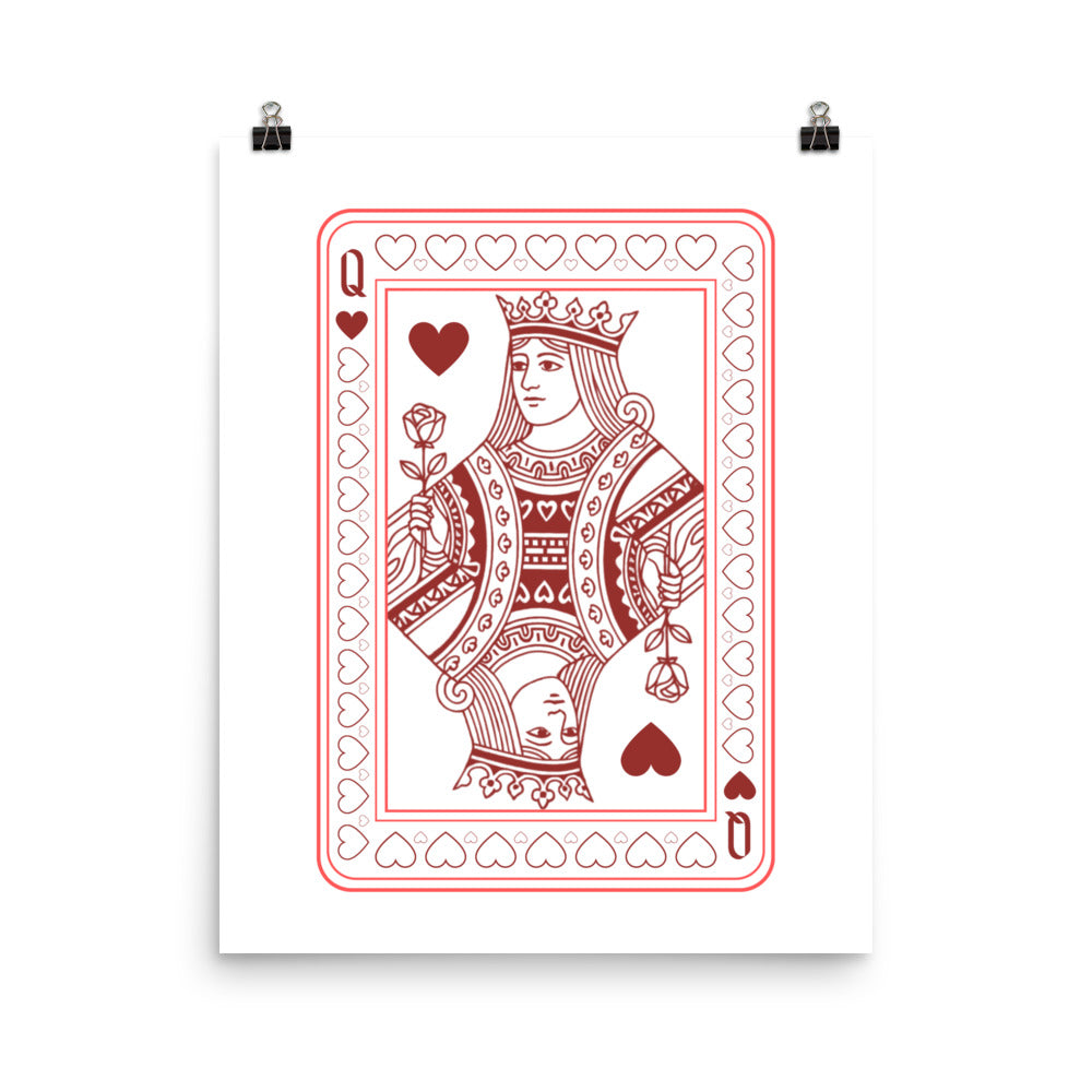 Playing card design of a queen with red outline on a white background