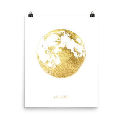 Gold moon illustration with 'La Luna' text on a white background