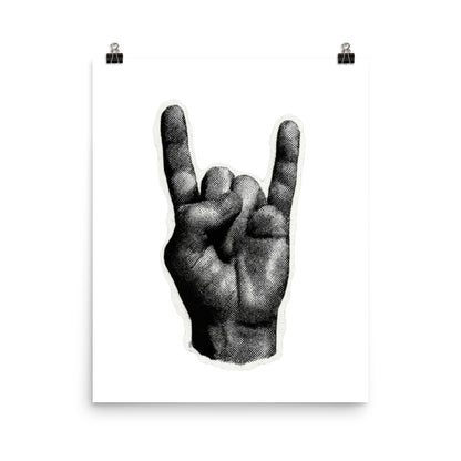 Black and white illustration of a hand making a rock-on gesture on a white background