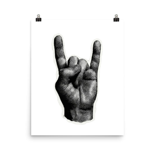 Black and white illustration of a hand making a rock-on gesture on a white background