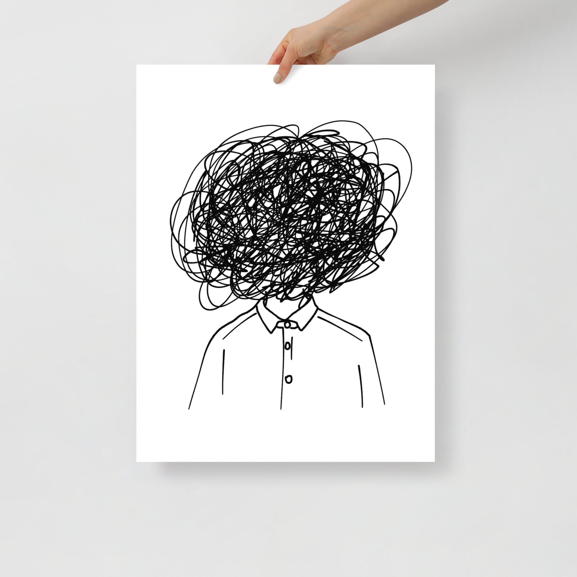 Poster with a black line drawing of a person with a chaotic head on a white background