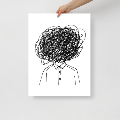 Poster with a black line drawing of a person with a chaotic head on a white background