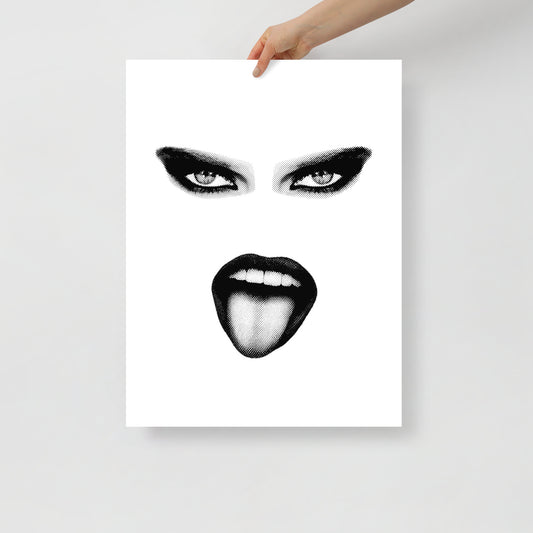 Poster with a stylized black and white face design held by a hand on a light gray background