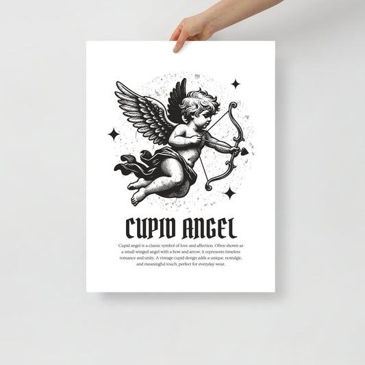 Framed artwork of a Cupid angel with text on a white background
