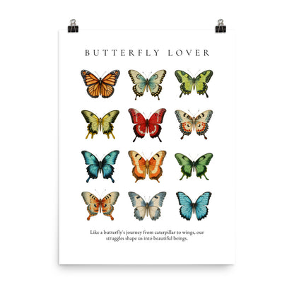 Poster with colorful butterflies and text 'Butterfly Lover' on a white background