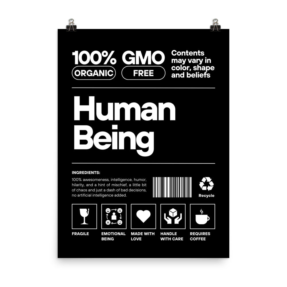 Black and white poster with text and icons on a white background