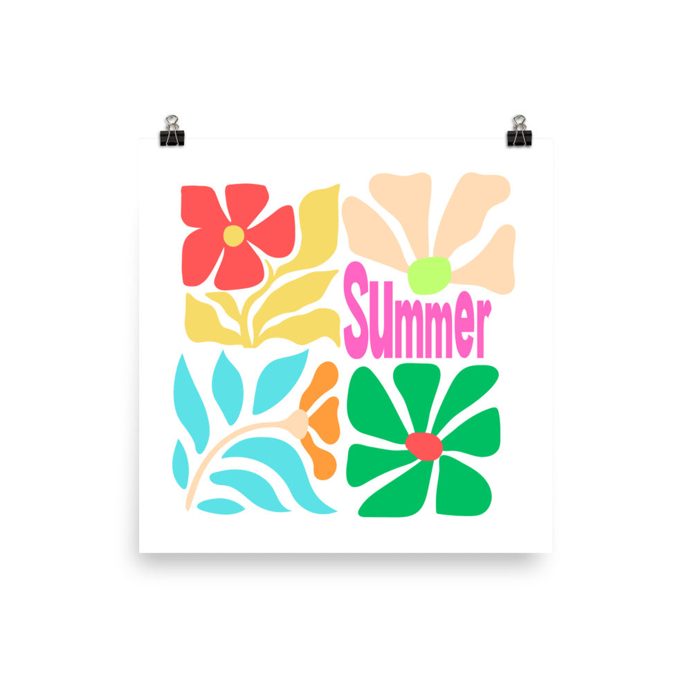 Colorful floral design with 'Summer' text on a white background