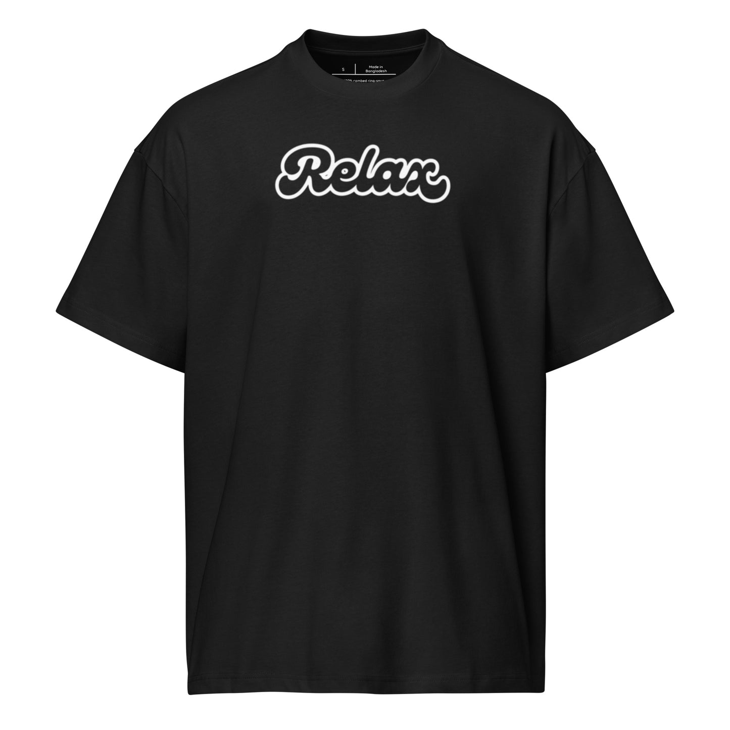 Black t-shirt with white text on a white background