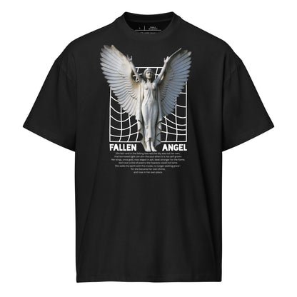 Black t-shirt with 'Fallen Angel' graphic design on a white background