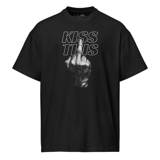 Black t-shirt with graphic design and text on a white background