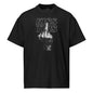 Black t-shirt with graphic design and text on a white background