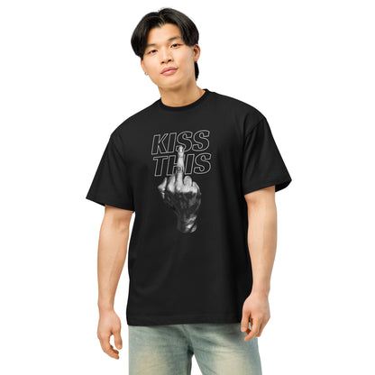 Person wearing a black t-shirt with colorful 'WE' logo on a white background