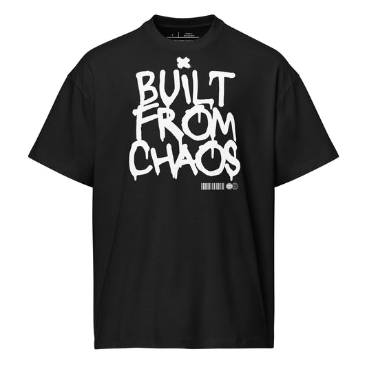 Black t-shirt with 'Built from Chaos' text on a white background