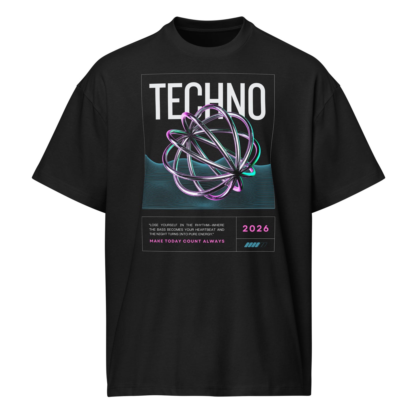 Black t-shirt with 'Techno' design featuring a futuristic sphere and text on a white background