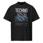 Black t-shirt with 'Techno' design featuring a futuristic sphere and text on a white background