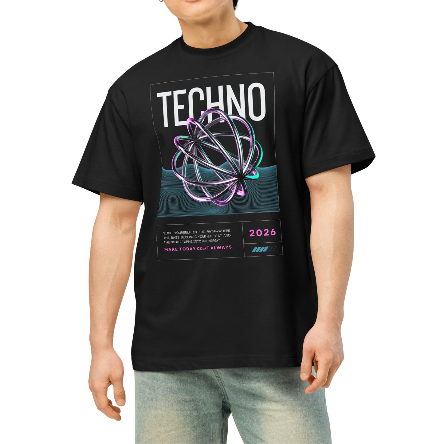 Person wearing a black t-shirt with white text on a white background