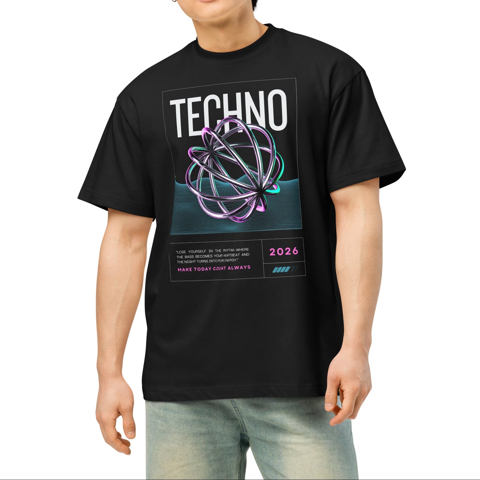 Person wearing a black t-shirt with white text on a white background