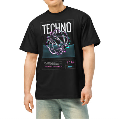 Person wearing a black t-shirt with white text on a white background