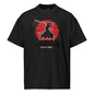 Black t-shirt with a warrior graphic and red sun on a white background