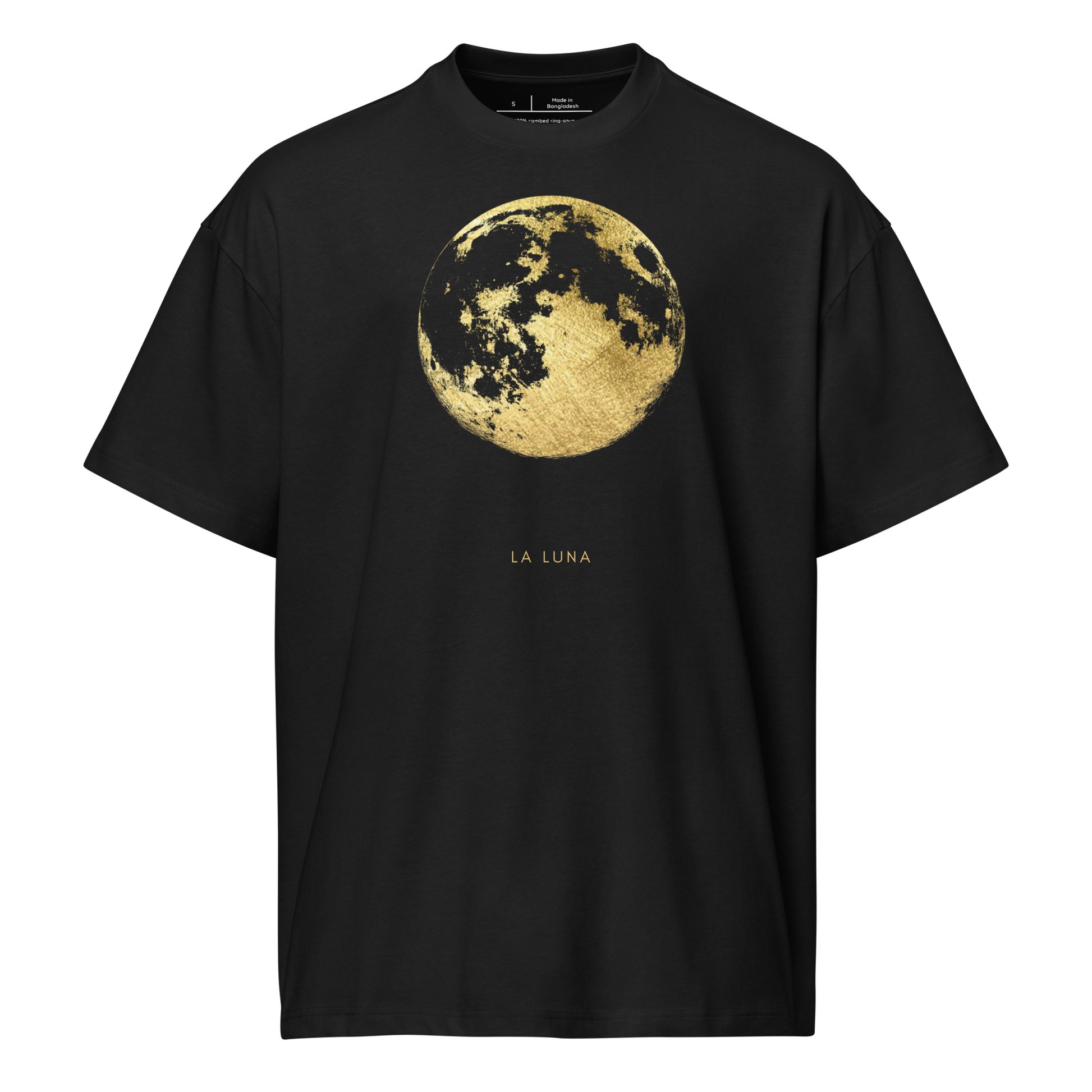 Black t-shirt with a gold moon graphic and 'La Luna' text on a white background
