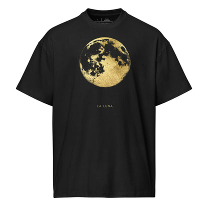Black t-shirt with a gold moon graphic and 'La Luna' text on a white background