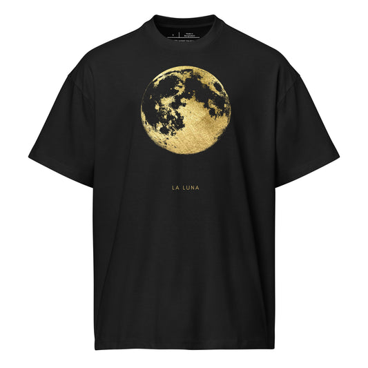Black t-shirt with a gold moon graphic and 'La Luna' text on a white background