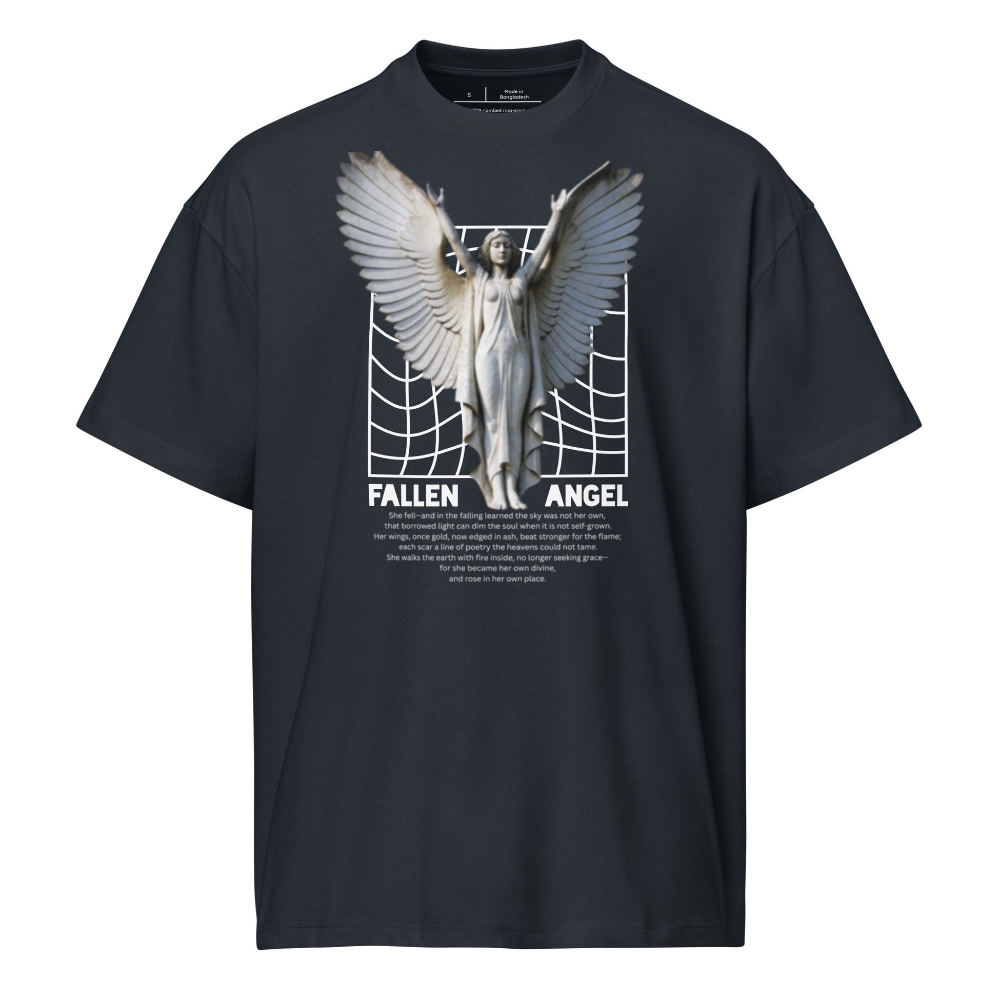 Black t-shirt with 'Fallen Angel' graphic design on a white background