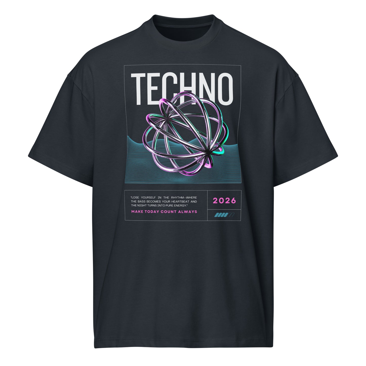Black t-shirt with 'Techno' design featuring a futuristic sphere on a white background