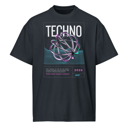Black t-shirt with 'Techno' design featuring a futuristic sphere on a white background