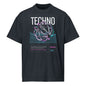 Black t-shirt with 'Techno' design featuring a futuristic sphere on a white background