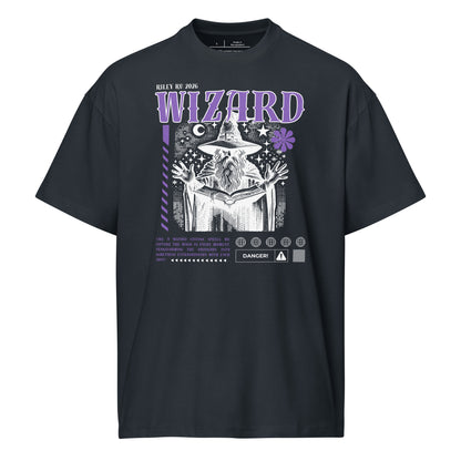 Black t-shirt with wizard graphic and text on a white background