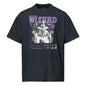 Black t-shirt with wizard graphic and text on a white background