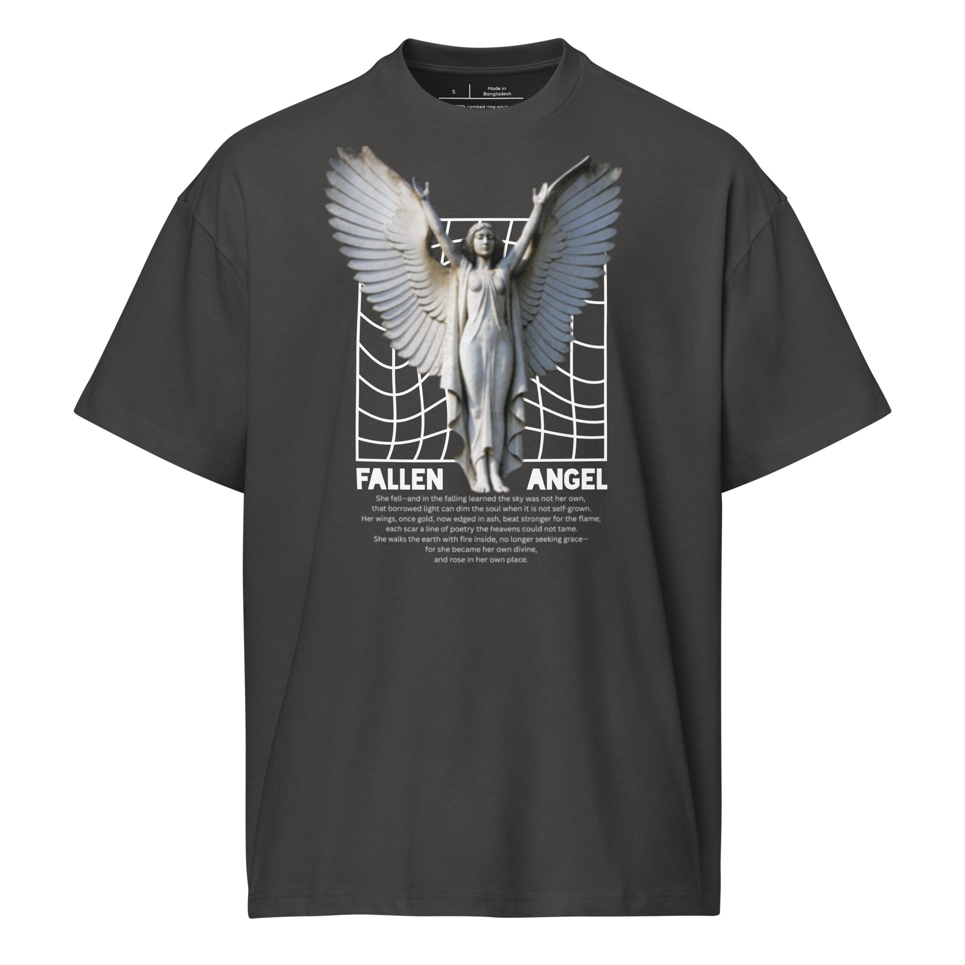 Black t-shirt with a white logo on a white background