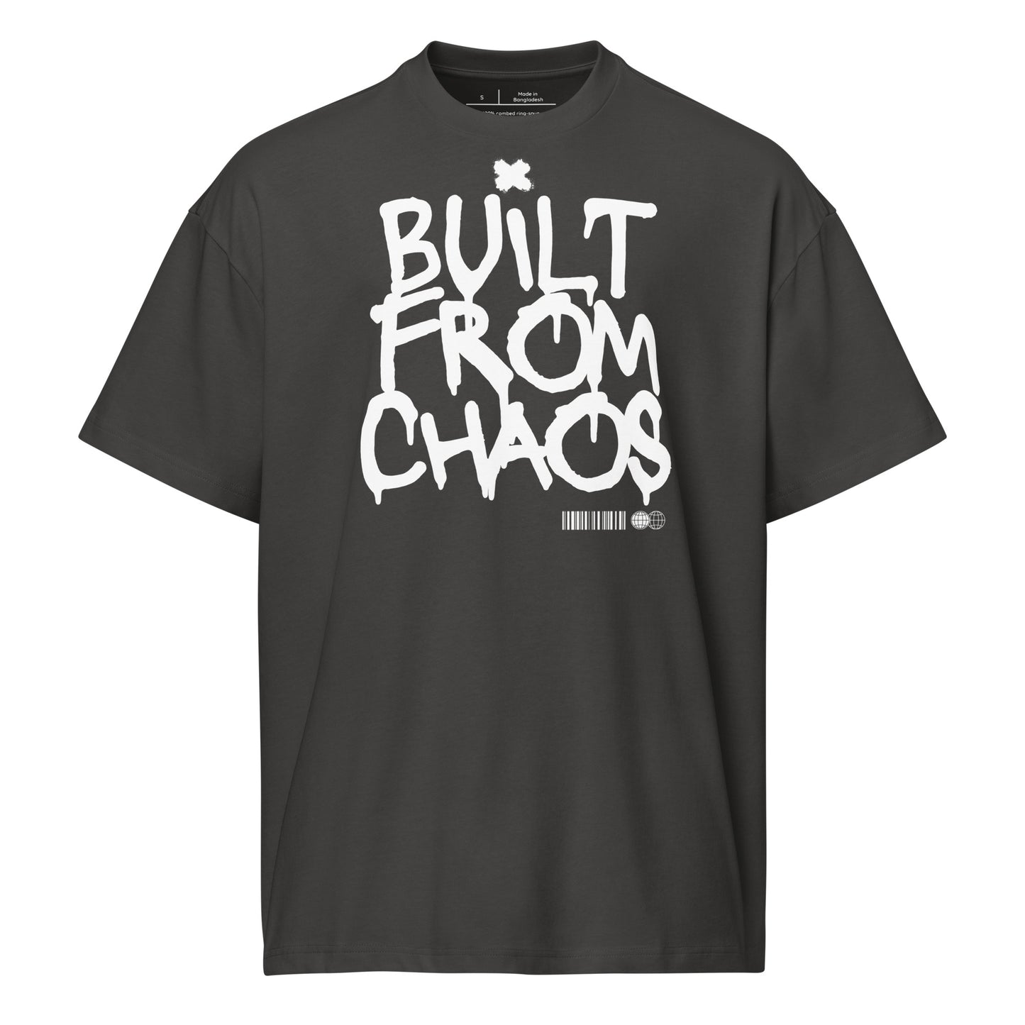 Black t-shirt with 'Built from Chaos' text on a white background
