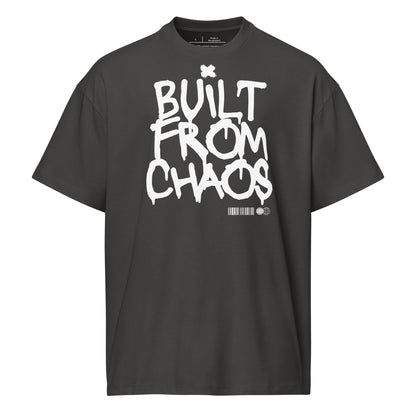 Black t-shirt with 'Built from Chaos' text on a white background