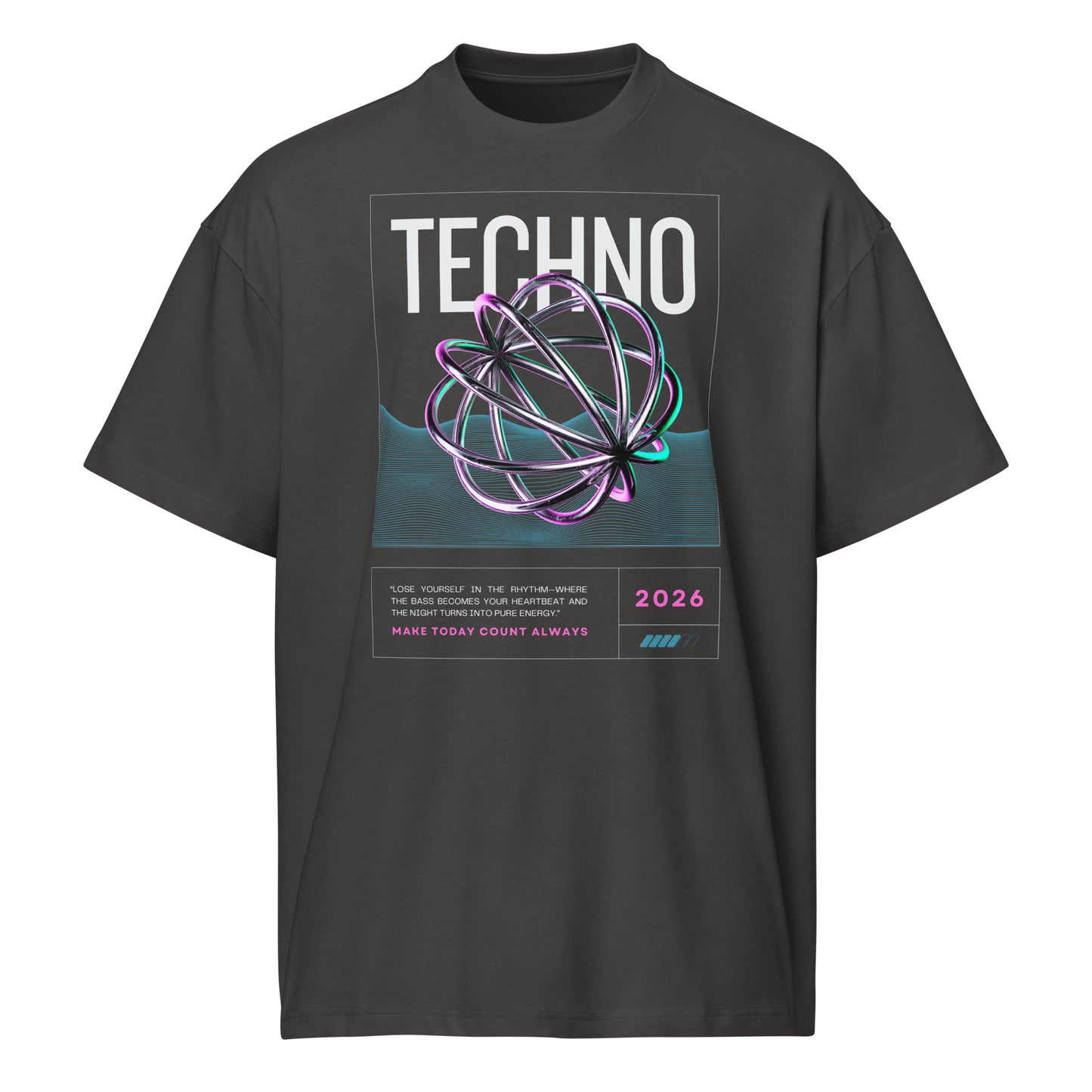 Black t-shirt with 'Techno' design featuring a futuristic sphere on a white background