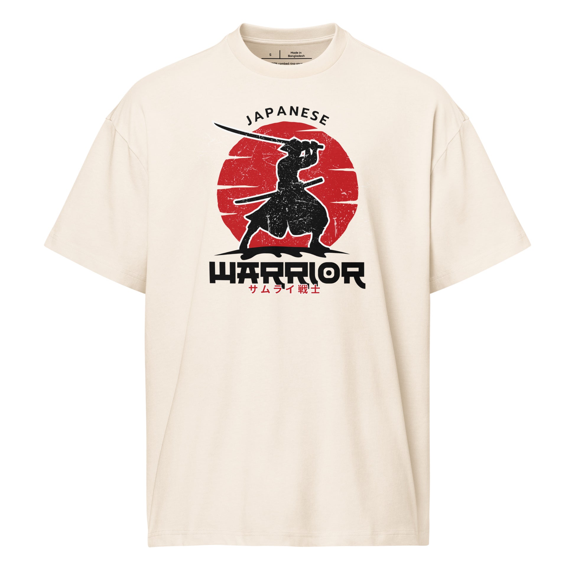 Beige t-shirt with a Japanese warrior design on a white background