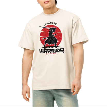 Person wearing a beige t-shirt with a Japanese Warrior graphic design on a white background