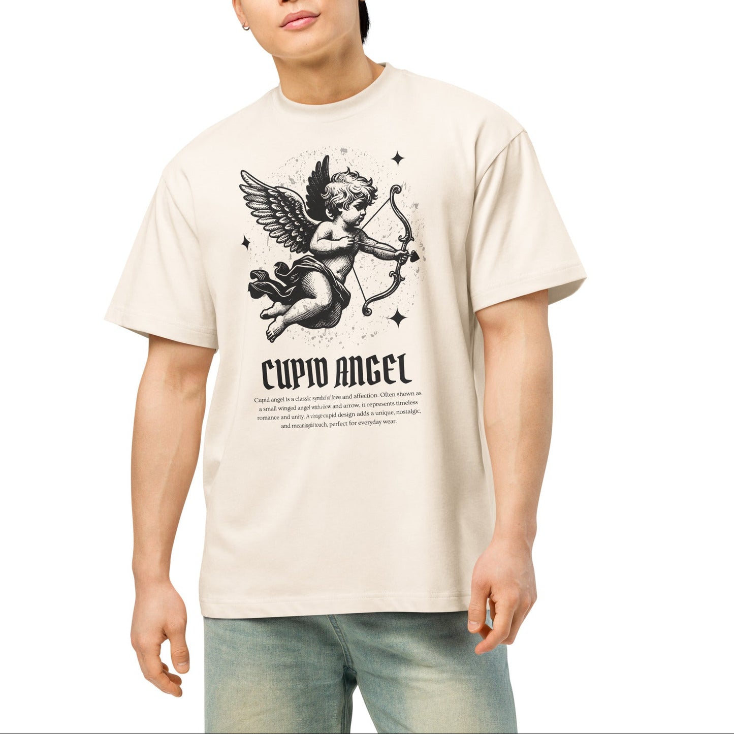 Person wearing a beige t-shirt with 'Cupid Angel' graphic design on a white background
