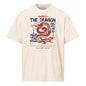 Beige t-shirt with dragon graphic and text on a white background
