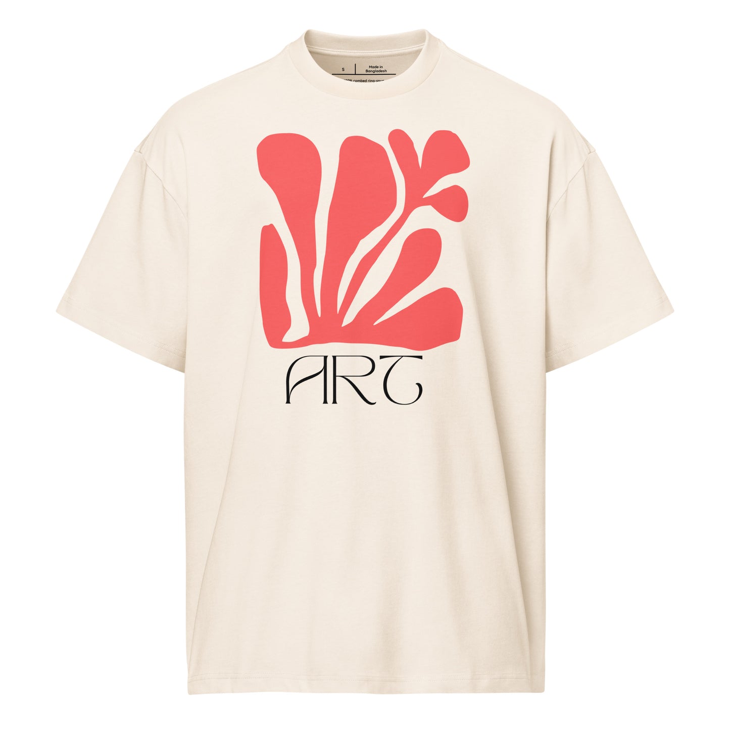 Beige t-shirt with red floral design and 'ART' text on a white background