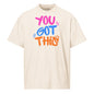Beige t-shirt with 'You Got This' text in colorful letters on a white background