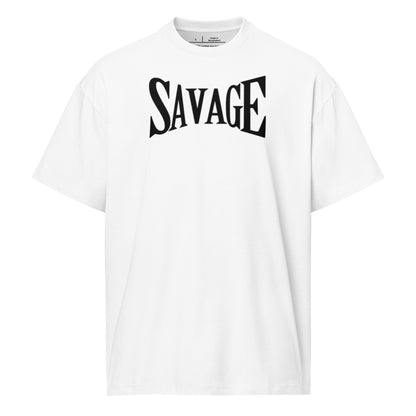White t-shirt with 'SAVAGE' text on a white background