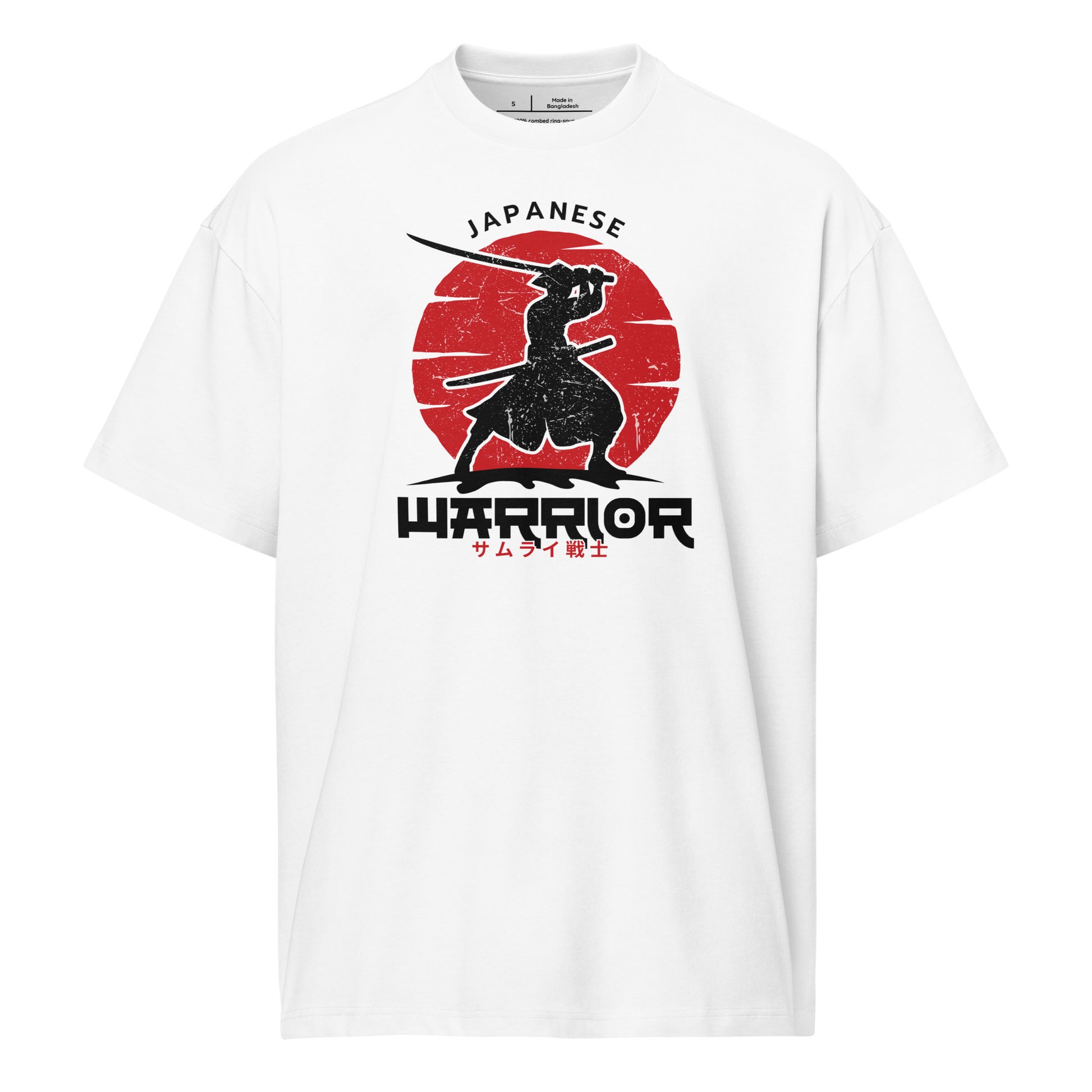 White t-shirt with Japanese warrior design on a white background