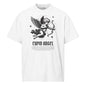 White t-shirt with Cupid angel graphic and text on a white background