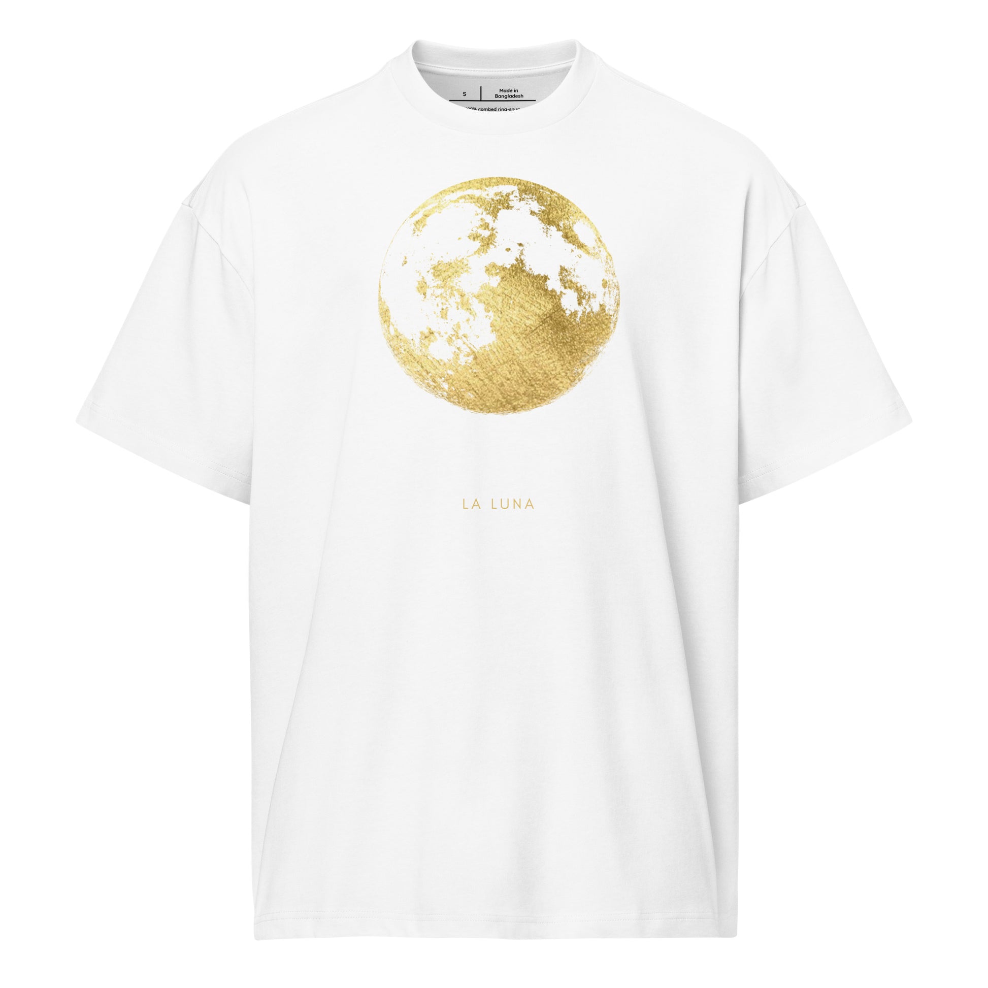 White t-shirt with a gold moon graphic and 'La Luna' text on a white background
