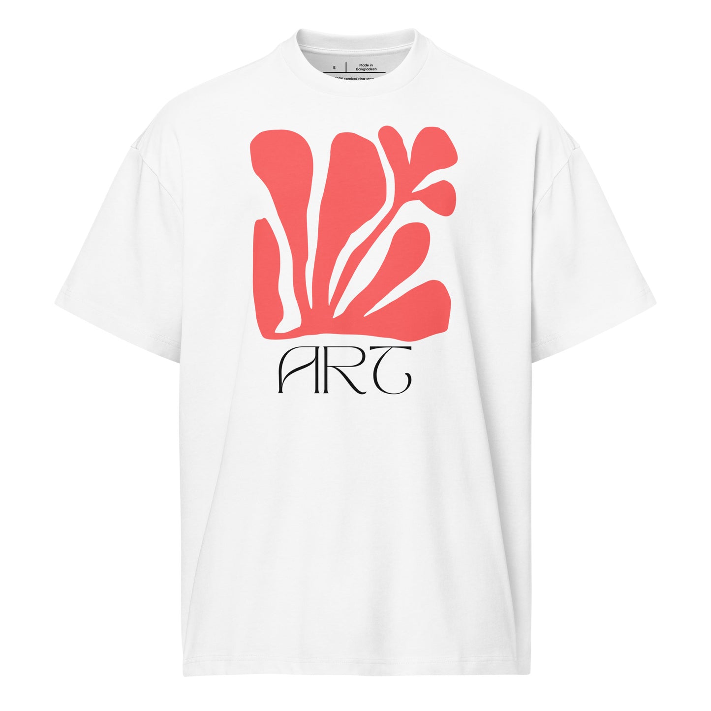 White t-shirt with red abstract design and 'ART' text on a white background